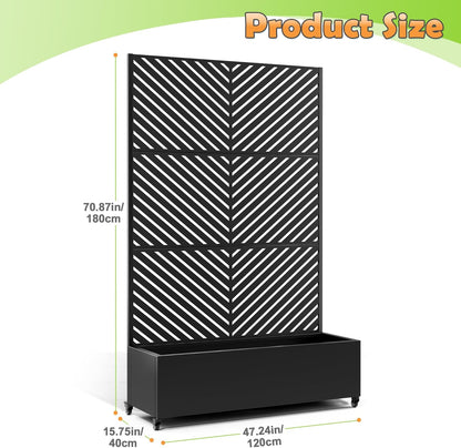 Metal Raised Garden Bed with Trellis, 2-in-1 Planter Box & Privacy Screen for Climbing Plants, Outdoor Standing Flower Bed with Drainage Holes, 47.2" L x 16.7" W x 70.8" H, Black-Parallel