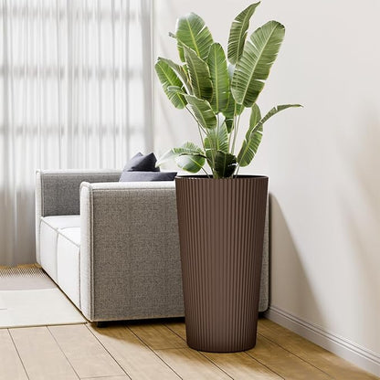 23.6" Tall Planters for Outdoor Plants,Large Outdoor Planters for Front Porch Decor with Drainage Hole, Flower Pots Fits Indoor Plants Patio/Garden, Plastic Striped Brown(2 Pack)