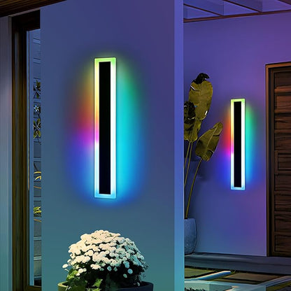 Widened 2 Pack Modern Outdoor Wall Sconces, 31.4inch RGB Dimmable LED Lights, IP65 Waterproof, 10 Colors, 5 Modes, Black Linear Exterior Lighting for Patio, Yard, Garage with Remote Control