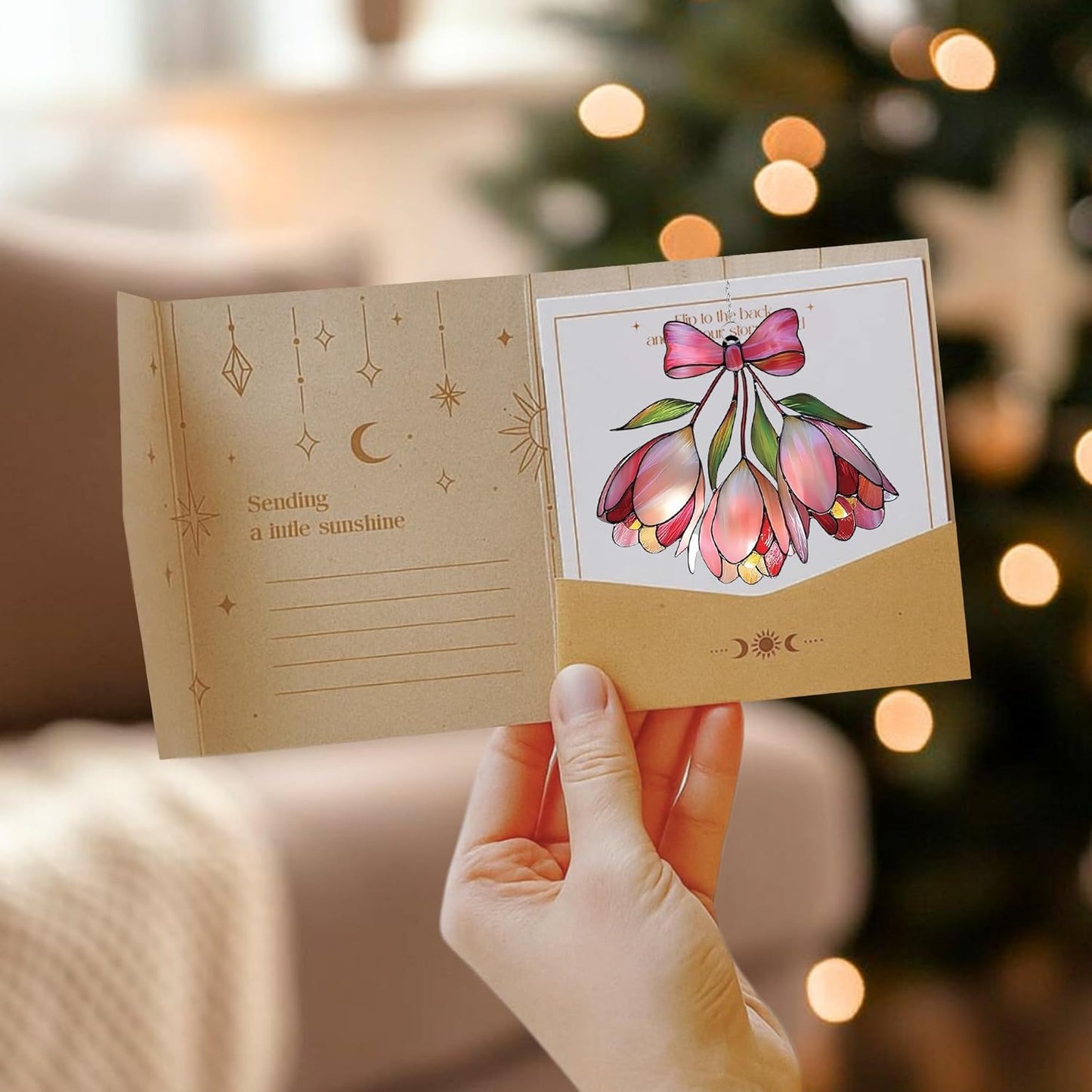 Pink Bell Flower Acrylic Suncatcher Stained Glass Effect Window Car Hanging Christmas Ornament Indoor Outdoor Decor Garden Sun Catcher Panel Gifts for Flower Lover for Women Mom Grandma