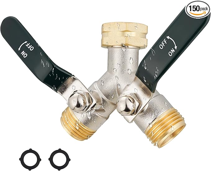 EJW Hose Splitter 2 Way, Garden Hose Y-Valve Splitters, Full Flow Hose Splitter Connector, Heavy Duty Brass Garden Hose Splitters, 3/4 Inch GHT Thread,Garden Hose Adapter 2 Way.
