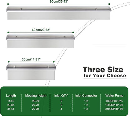 Waterfall Pool Fountain, LONGRUNNEW Stainless Steel Waterfall Spillway with Pipe Connector Kits for Outdoor/Indoor Decorative, 11.8 Inches Pool Water Feature for Garden Patio, Backyard Koi Pond Decor
