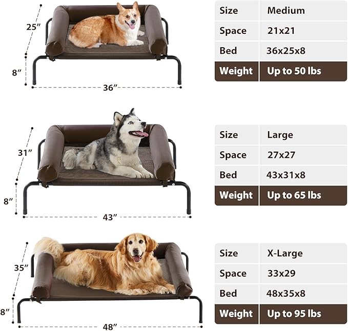 Cooling Elevated Dog Bed for Large Dogs – Waterproof Raised Dog Cot with Slope Headrest, Breathable Teslin Mesh, Durable & Portable Pet Bed for Indoor and Outdoor Use, Brown