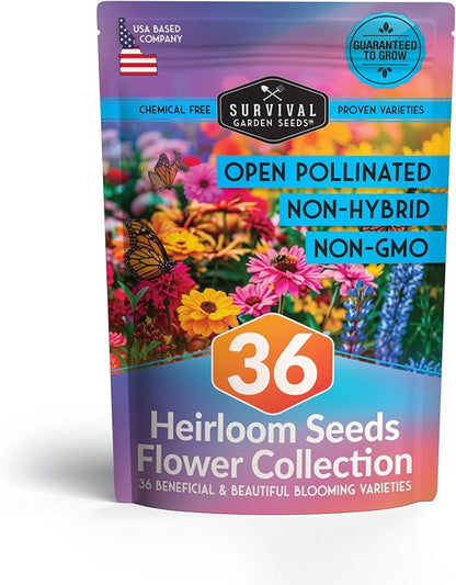 36 Variety Flower & Wildflower Seeds Garden Kit | Annual & Perennial Pollinator Mix with Cut Flowers for Bees, Butterflies & Bouquets | Non-GMO Heirloom Starter Pack – Survival Garden Seeds