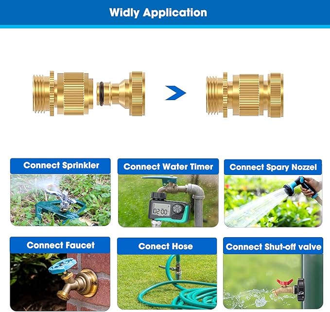 FINEST+ Garden Hose Quick Connector, Solid Brass 3/4 Inch Thread Fitting No-Leak Water Hose Female and Male Easy Connect (6 Sets)