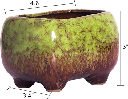 ARTKETTY Succulent Pots - 4.7 Inch Ceramic Succulent Planters Pots with Drainage Set of 5, Rectangular Bonsai Pots with Bamboo Trays Small Pots for Indoor Cactus Flower Plants for Home Office Decor