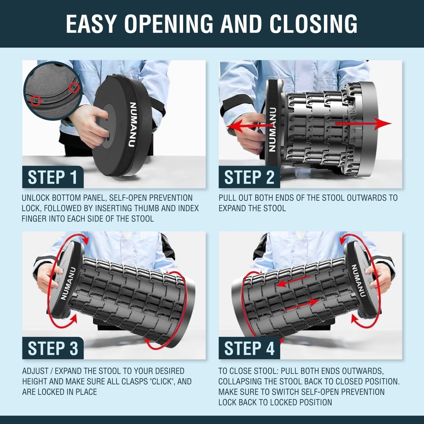 NUMANU 2025 Upgraded Collapsible Stool & 3IN1 Cushioned Carry Bag, 2.5"-18" Height Adjustable Max 620lbs, Portable Retractable Telescoping Seat, Foldable Camping Stool or Footrest for Adults (Round)