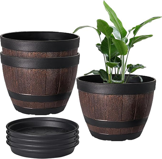 VECELO Plant Pots with Drainage Holes & Saucer, 9 Inch Flower Pots with Tray, 3 Pack Plastic Whiskey Barrel Planters for Indoor & Outdoor Garden Home Plants and Flowers