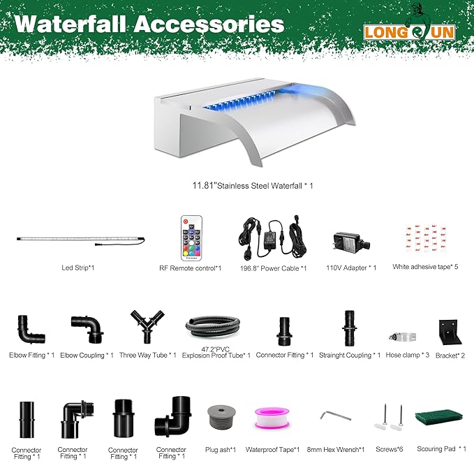 LONGRUN Pool Fountain Stainless Steel Outdoor Pond Spillway Waterfall with Wider Water Flow Platform Multi-Color LED Light Spray Indoor Waterfall Fountains for Garden-11.8"