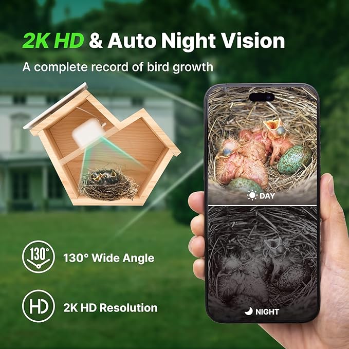 Smart Birdhouse with 2K HD Camera, Solar Powered & Battery, Night Vision, AI Bird Identification, Real-Time Alerts, APP Control, Outdoor Wooden Bird House, Ideal Gift for Bird Lovers