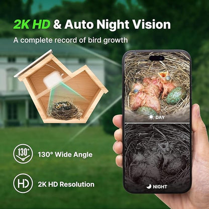 Smart Birdhouse with 2K HD Camera, Solar Powered & Battery, Night Vision, AI Bird Identification, Real-Time Alerts, APP Control, Outdoor Wooden Bird House, Ideal Gift for Bird Lovers