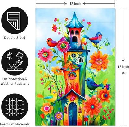 Whimsical Bird Garden Flag 12x18 Inch Double Sided Welcome House Flag Holiday Yard Outdoor Decoration