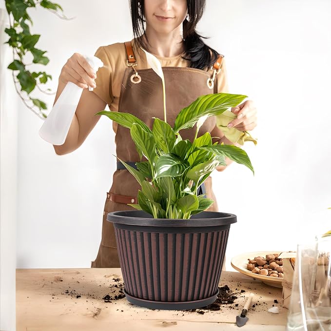 Planter-Pots-for-Plants-Indoor-Outdoor, 4 Pack 10 Inch Plastic Flower Pots with Saucer & Drainage Holes, Modern Garden Planters for Planting Medium Large Plants，Decorative Resin Garden Pots