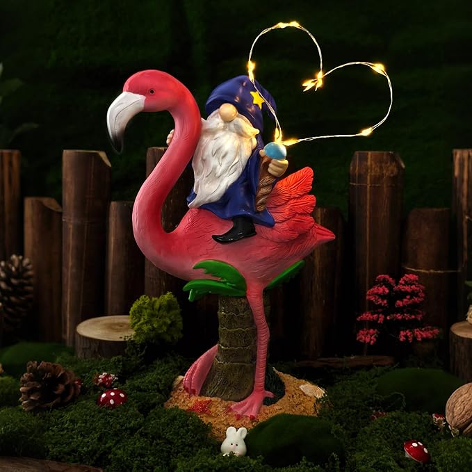 Funny Flamingo Gnome Solar Garden Statue with LED Light - Outdoor Yard Lawn Patio Decor - Great Birthday Housewarming Gift for Women, Mom, Grandma