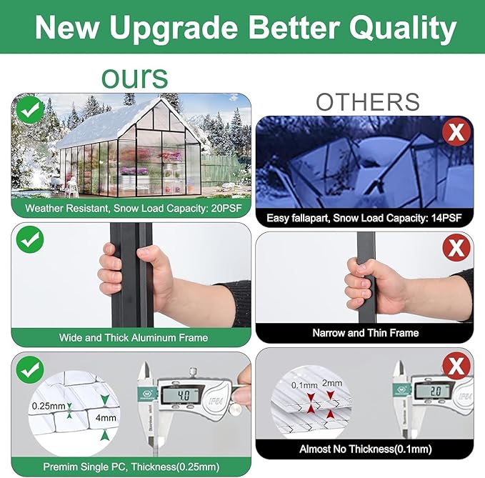 CDCASA 10x16x10 FT Greenhouse for Outdoors, Large Thicker Aluminum Polycarbonate Greenhouses w/3 Vents Window, Swing Door & Quickly T Connector Walk-in Green House for Outside, Backyard, Garden