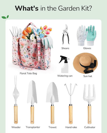 Gardening Tools, 10-Piece Gardening Gift Set for Women, Rust-Proof & Heavy-Duty Tools with Floral Organizer Bag, Fashionable & Thoughtful Gift for Garden Women (Pink White)