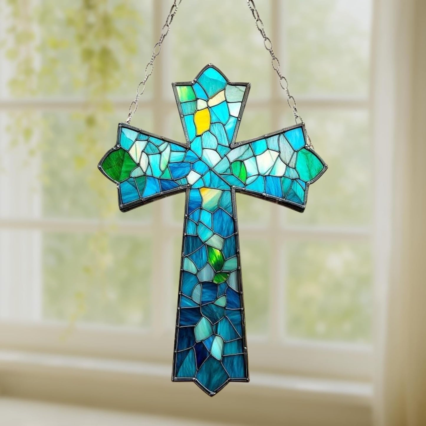 Mosaic Cross Acrylic Suncatcher Stained Glass Effect Window Car Hanging Christmas Ornament Indoor Outdoor Decor Garden Jesus Sun Catcher Panels for Family Christmas Jesus Gift for Women Mom Grandma