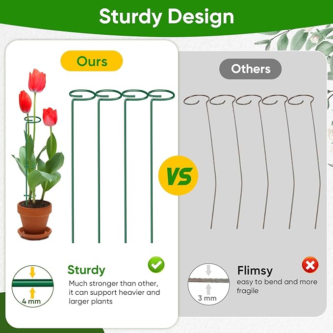 HiGift 17 inch Plant Support Stakes, 4mm Thick Garden Single Stem Flower Support Stake Amaryllis Plant Cage Support Rings with 10 pcs Plant Clips for Tomato Orchid Lily Peony Rose Flower Stem-5 Pack