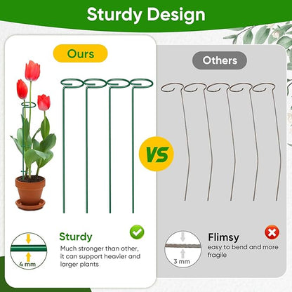 HiGift 17 inch Plant Support Stakes, 4mm Thick Garden Single Stem Flower Support Stake Amaryllis Plant Cage Support Rings with 10 pcs Plant Clips for Tomato Orchid Lily Peony Rose Flower Stem-5 Pack