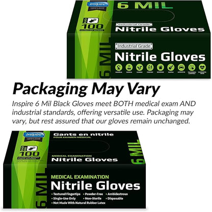 Inspire Black Nitrile Gloves HEAVY DUTY 6 Mil Nitrile Chemical Resistant Medical Cooking Cleaning Disposable Black Gloves
