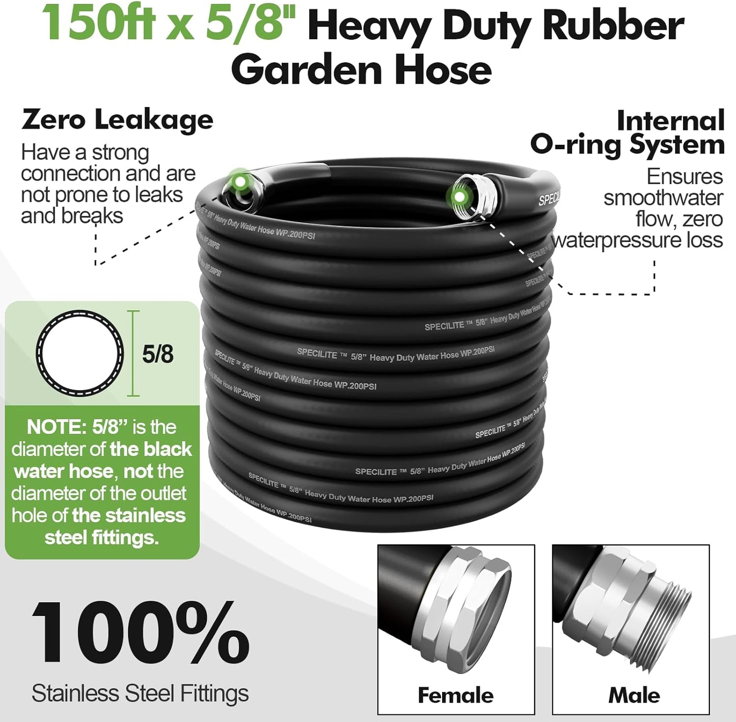 SPECILITE 5/8" Garden Hose 150 ft with High Flow Nozzle, Heavy Duty Flexible Hybrid Rubber Water Hose for Outdoor, Lightweight, Leak-Proof, No-Kink, 3/4"Stainless Steel Fittings,Black