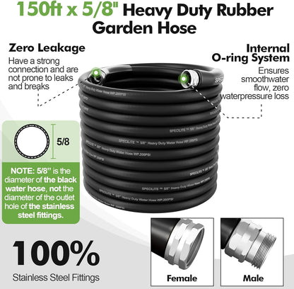 SPECILITE 5/8" Garden Hose 150 ft with High Flow Nozzle, Heavy Duty Flexible Hybrid Rubber Water Hose for Outdoor, Lightweight, Leak-Proof, No-Kink, 3/4"Stainless Steel Fittings,Black