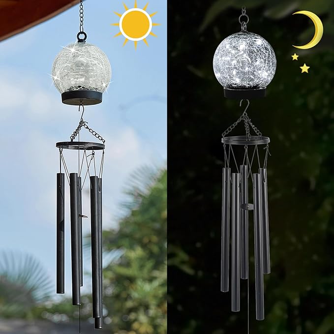 Garden Wind Chimes Outdoor, Solar Hanging Glass Ball Wind Chimes with 15 Cool White LEDs 42 Inch Large with Unique Memorial Sympathy Wind Chime Outside Garden Decor as a Gift for Patio, Porch, Balcony