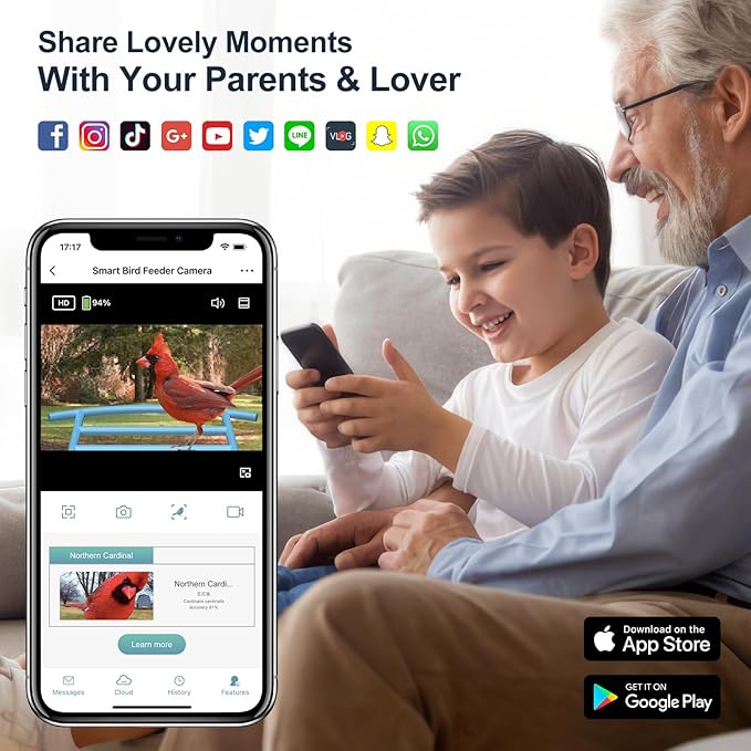 Bird Feeder with Camera-2K HD & Full Color Night Vision, Free AI Forever for 1,1000+ Species Identification, Solar Powered Wireless Outdoor, Includes 64GB TF Card, Two-Way Audio, App Alerts