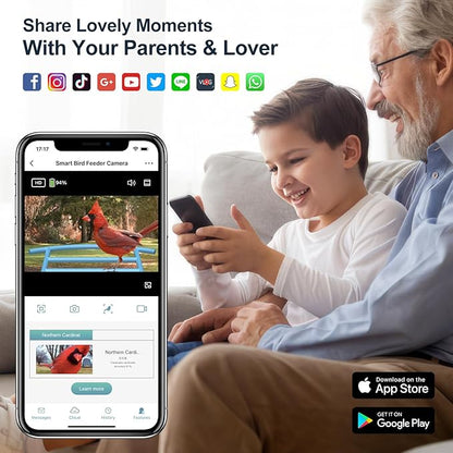 Bird Feeder with Camera-2K HD & Full Color Night Vision, Free AI Forever for 1,1000+ Species Identification, Solar Powered Wireless Outdoor, Includes 64GB TF Card, Two-Way Audio, App Alerts