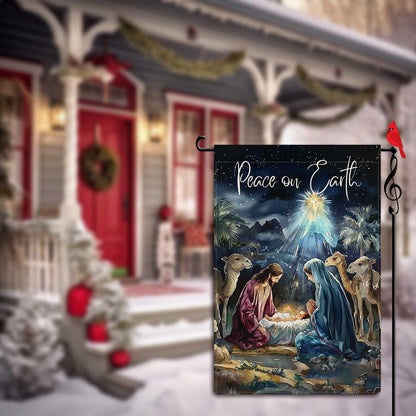 Peace on Earth Garden Flag Jesus Birth Nativity Night Small Flag for Outside Burlap Double Sided Welcome Yard Lawn Winter Decor 12.5x18"