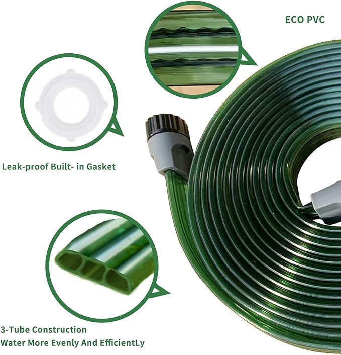 150 FT (50FT*3) Flat Sprinkler Hose for Lawn Watering Garden Soaker Hose with Holes, Heavy Duty Lightweight No-Kink Water Hose with Stakes, Irrigation Hose, Great Fun for Kids and Dog