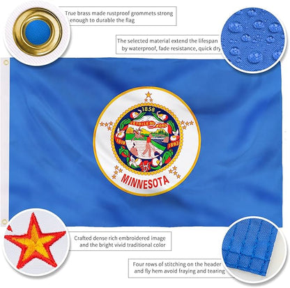 XIFAN Premium Minnesota State Flag 3x5 ft Outdoor, Double Sided Embroidered Image, Heavy Duty 210D Nylon MN Flags, the Strongest Longest Lasting for Outside with Sewn Stripes/Brass Grommets