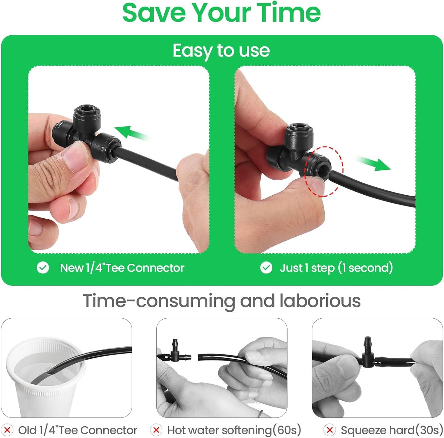 MIXC Quick Connect 1/4" Drip Irrigation Tee Connectors, Universal Barbed Fittings for 1/4" Tubing, Leak-Free Solution for Sprinkler & Drip Systems, 15 Pack