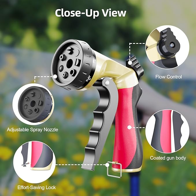 Garden Hose Sprayer Nozzle, Heavy Duty Water Hose Nozzle with 7 Spray Patterns, High Pressure Garden Sprayer with Adjustable Button & Lockable Trigger for Watering Plants & Lawns, Washing Cars, Pets