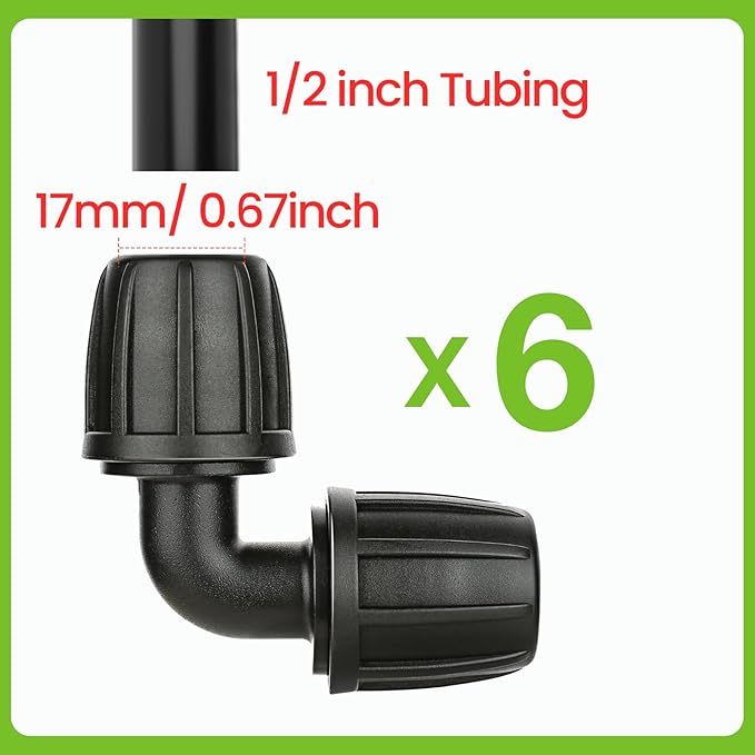 Bonviee 6 Pack 1/2” Drip Irrigation Elbow Connectors, 90° Barbed Lock Fittings for 1/2 Inch Tubing, Leak-Proof Corner Connector for Garden Hose Layout, Irrigation System Repair and Setup