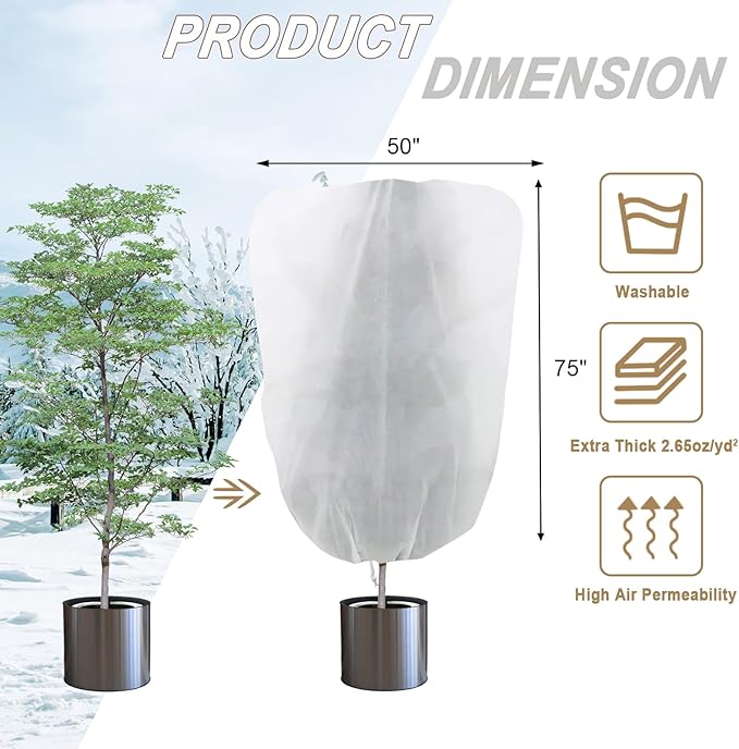 Plant Covers Freeze Protection – 50" × 75" Reusable Plant Protector Bag with Drawstring and Zipper for Plants Trees Shrub, Frost Jacket Warm Blanket for Freeze Frost Protection Season Extension