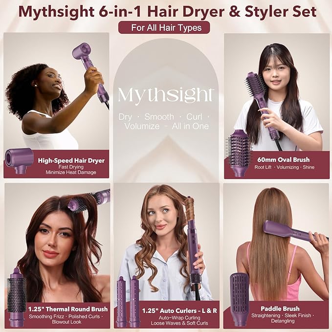 StyleVibe 6-in-1 Air Styler, Hair Dryer & Blow Dryer Brush with Auto Wrap Curl L/R, Fast Drying, Smooth Blowouts, Root-Lift Volume, No Heat Damage Frizz-Free Thermal Brush with Travel Bag