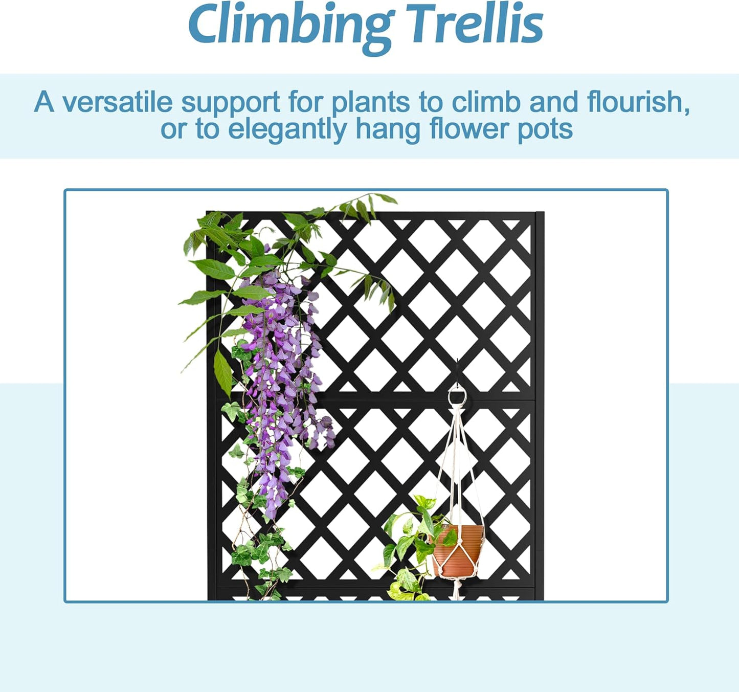 Metal Planter Box with Trellis & Wheels, Raised Garden Bed with Privacy Screen, Outdoor Standing Flower Beds with Drainage Hole for Climbing Plants, Vine, 35.4" L x 15.7" W x 70.9" H, Black