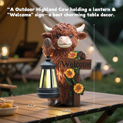 Solar Highland Cow Garden Decor - Outdoor Waterproof Resin Statues with LED Lights, Solar Patio Figurines for Yard & Lawn (1-Pack, Auto On/Off)