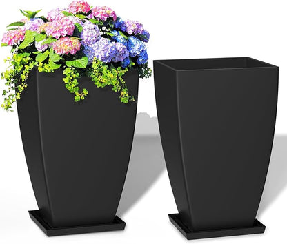 21" Tall Outdoor Planters Set of 2,Front Porch Planter Pots with Drainage Design Holes for Patio, Porch, Garden, Indoor,Black