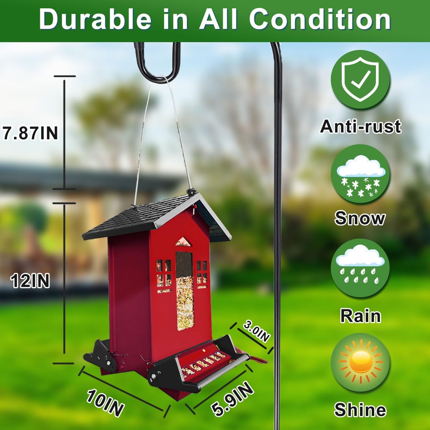 Squirrel Proof Bird Feeder, 6LBS Hanging Bird Seed Feeders for Outdoors, Weight-Activated Perches Metal Wild Birdfeeder for Blue Jay, Cardinal, Garden (Red)