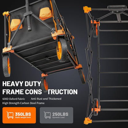 EchoSmile Collapsible Foldable Wagon Cart with 350lbs Weight Capacity, Heavy Duty Folding Utility Sport Wagon with Removeble Wheels for Camping,Grocery,Garden,Beach,Orange&Black