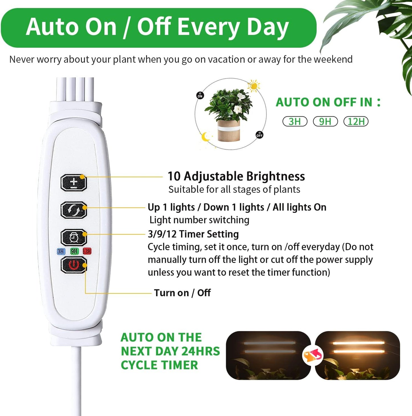 Two Strip Growing Lamp 2-Pack for Indoor Plants, 3500K Full Spectrum LED Grow Light Strips with Auto ON/Off 3/9/12H Timer & 10 Dimmable Levels for Green House Succulent (2 Head×2 Pack)