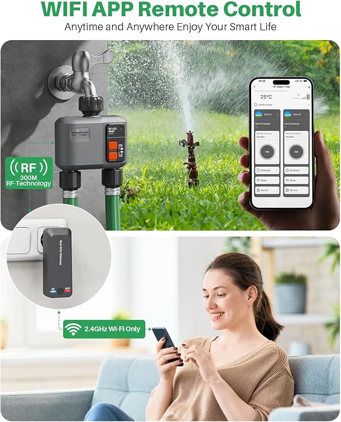 WiFi Sprinkler Timer 2 Zone with 984 Feet RF Gateway, 2 Outlet Smart Water Timer for Garden Hose with Rain Delay/Manual/Automatic,WiFi Water Hose Timers for Garden & Lawns