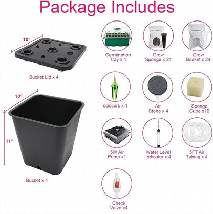 4 Hydroponic Buckets Kit for Plants, Hydroponics Growing System for Herbs/Tomato/Vegetables, DWC System with Air Pump & Germination Tray Black (Complete Indoor Hydroponic Gardening Supplies)