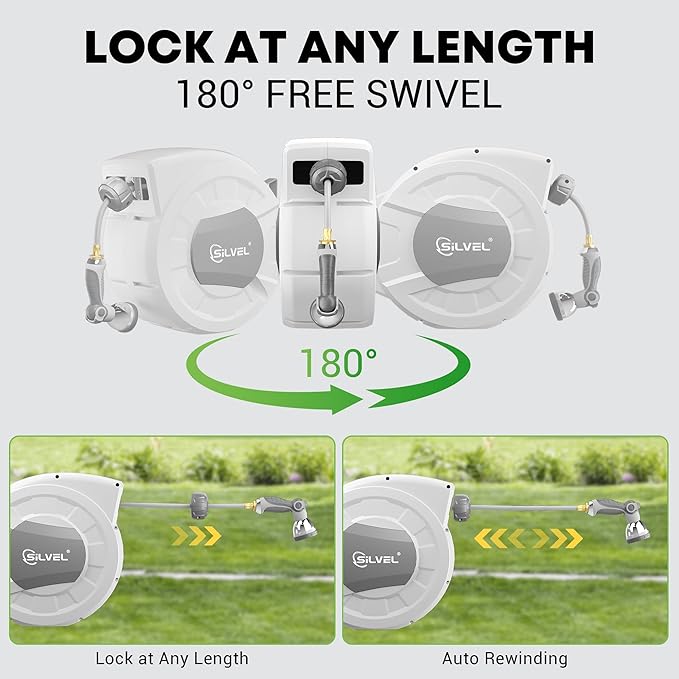 SILVEL Retractable Garden Hose Reel, 1/2 in x 110ft Wall Mount Heavy Duty Automatic Hose Reel with 10 Pattern Nozzle, Any Length Lock & Slow Return System, 180°Swivel Bracket Upgraded UV Resistant