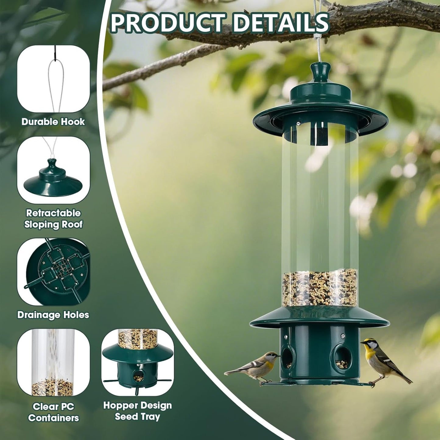 Hanging Bird Feeder for Outdoors, Squirrel Proof Bird Feeders for Outside with 4.8 Lb Capacity, 4 Ports Tube Metal Wild Bird Feeders for Garden Yard Decoration Viewing Cardinal, Weather-Resistant
