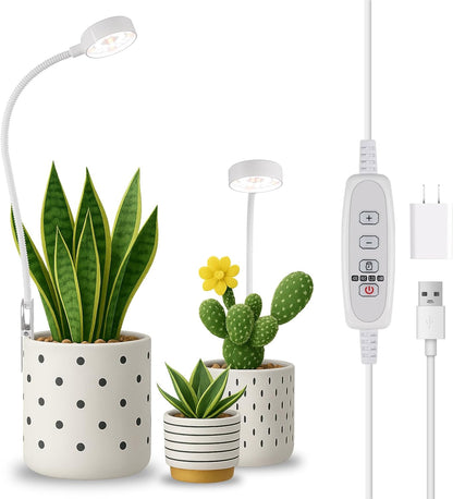 Pot Clip LED Grow Lights for Indoor Plants, Full Spectrum with 5-Level Dimmable, Auto On Off 4/8/12/18 Hrs Timer for Succulents, Small Plant, White, 5V, 2 Pack