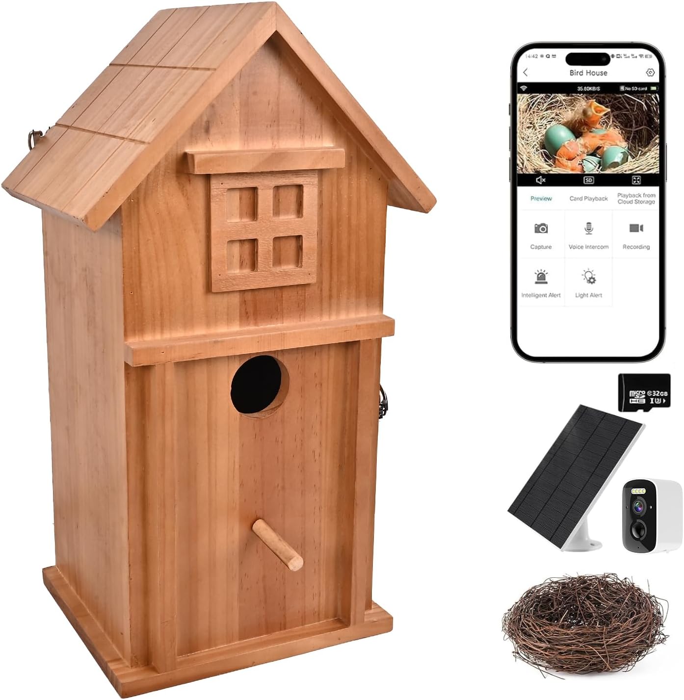 Smart Bird House with Camera Solar Powered, 2K HD Live View Birdhouse Camera with Nest Auto Capture Photo & Video, 2.4G WiFi & App Notify, for Viewing Bird Nesting and Hatching