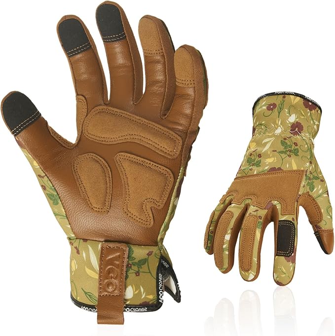 Vgo... 1Pair Gardening Gloves for Women, Goatskin leather Thorn Proof Working Gloves for Weeding, Digging, Raking, Pruning and Planting,Touchscreen (L,Light Green,GA7471)